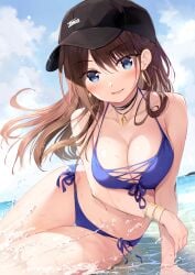 beach big_breasts bikini blue_eyes boku_no_kanojo_sensei brown_hair female_teacher fujiki_maka hat necklace ocean oryou teacher