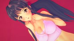 1girls 3d alternate_breast_size big_breasts blue_hair blush bow breasts brown_eyes busty cleavage clothing female female_only hair_ribbon highres large_breasts long_hair looking_at_viewer midriff open_mouth ponytail ribbon sakura_shinguji sakura_wars sega shang sleeveless solo