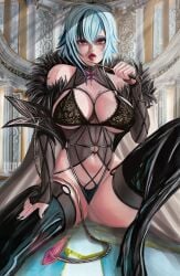 arlecchino_(genshin_impact) big_breasts black_hair black_legwear black_nails black_panties blue_hair cape coat dantedraw fatui genshin_impact knife latex_boots latex_thighhighs lingerie luxury milf red_eyes short_hair tongue_out white_skin wide_hips