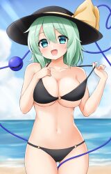 beach black_headwear breasts day eyeball female green_hair hat heart heart-shaped_pupils heart_of_string highres koishi_komeiji ocean outdoors ribbon sand solo string suwa_yasai swimsuit symbol-shaped_pupils third_eye touhou yellow_ribbon