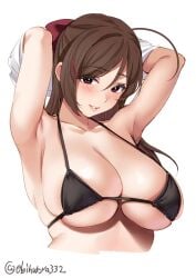 ahoge armpits arms_up bangs bikini black_bikini blush breasts brown_hair collarbone cropped_torso ebifurya female hair_between_eyes hair_ornament hair_ribbon hairclip highres kantai_collection large_breasts long_hair looking_at_viewer mamiya_(kantai_collection) mature_female micro_bikini one-hour_drawing_challenge parted_lips purple_eyes red_ribbon ribbon simple_background skindentation solo string_bikini swimsuit twitter_username underboob upper_body white_background