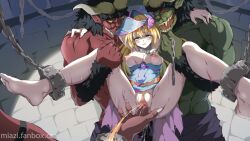 1girls 3boys bangs barefoot battleguard_king blonde_hair blue_dress blue_headwear blush breasts chained chains colored_skin cuffs dark_magician_girl dress duel_monster female fingering green_eyes green_skin horns large_breasts lava_battleguard long_hair miazi monster multiple_boys nipples open_mouth peeing pentacle pussy rape red_skin restrained rolling_eyes shackles smile spread_legs straight swamp_battleguard torn_clothes urine yu-gi-oh! yu-gi-oh!_duel_monsters