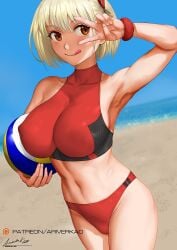 1girls ariverkao arm_up armpits beach big_breasts bikini blonde_hair breasts busty female female_only large_breasts lycoris_recoil nishikigi_chisato red_eyes short_hair smile solo swimsuit tongue tongue_out v volleyball volleyball_(ball) volleyball_uniform water