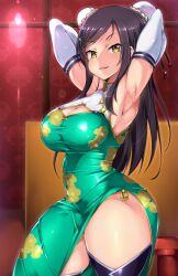 1girls armpits arms_behind_head big_breasts breasts bun_cover chinese_clothes doskoinpo elbow_gloves eyebrows_visible_through_hair huge_breast large_breasts looking_at_viewer massive_breasts tagme thick_thighs