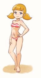 1girls bandeau_bikini bikini blonde_hair blue_eyes confident dakunart feet female_focus female_only hand_on_hip highres inspector_gadget legs looking_at_viewer low_twintails navel penny_gadget pose posing smile smooth_skin solo swimsuit thighs twintails