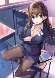 big_breasts blue_eyes boku_no_kanojo_sensei brown_hair cleavage earrings female_teacher fujiki_maka oryou teacher tights unbuttoning