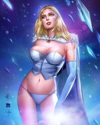 blonde_female blonde_hair blue_eyes breasts candicehan cape corset curvy curvy_female elbow_gloves emma_frost female female_only hellfire_club hourglass_figure huge_breasts ice jeremy_clark lingerie marvel marvel_comics mcwyman navel panties white_queen x-men