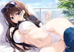 1girls big_breasts bikini blue_eyes blush boku_no_kanojo_sensei brown_hair earrings female female_only fujiki_maka jewelry milf oryou side-tie_bikini solo sunglasses sunglasses_on_head teacher undressing