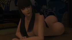 1girls 3d ass black_hair breasts female_focus female_only final_fantasy final_fantasy_xiv gpose(ffxiv) green_eyes hime_cut hyur lipstick long_hair midlander nude nude_female yotsuyu_(final_fantasy_xiv)