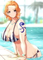 1girls big_breasts bikini blurry_background breasts cleavage female female_only getting_out_of_pool log_pose looking_at_viewer moriton nami navel necklace one_piece one_piece_film_strong_world orange_hair pre-timeskip short_hair shoulder_tattoo solo swimming_pool tattoo voluptuous water wet wet_body