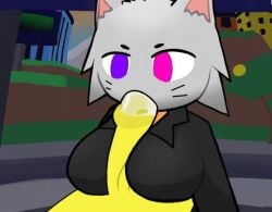 animal_ears anonymous_artist anthro background breasts business_suit cat_ears cherry_intern_(tower_heroes) clothed clothed_paizuri clothed_sex feline fellatio furry gray_fur heterochromia roblox roblox_game tower_heroes whiskers yellow_body yellow_penis