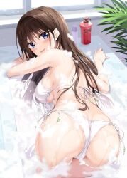 bath bathtub bikini blue_eyes blush boku_no_kanojo_sensei brown_hair fujiki_maka oryou side-tie_bikini soap soap_bubbles teacher