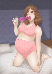 bedroom brown_eyes brown_hair collarbone dildo drg holding_dildo holding_object long_hair looking_at_viewer maternity_underwear on_bed pink_bra pink_nail_polish pink_nails pink_panties pregnant pregnant_female sitting sitting_down tagme thick_thighs