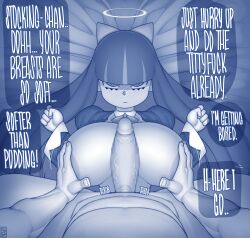 1boy 1girls artist_logo bed big_breasts big_penis blush breast_grab breast_squeeze breasts censored dialogue ekz emotionless english_text exposed_breasts eye_contact female fetish_dialogue goth hair_ribbon halo huge_breasts large_breasts long_hair looking_at_viewer monochrome mosaic_censoring on_bed paizuri panty_&_stocking_with_garterbelt penis secretly_loves_it speech_bubble stocking_anarchy straddling_paizuri text two_tone_hair veiny_penis