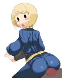 ass big_ass big_breasts big_butt buttjob clothing dark-skinned_male fallout female jumpsuit man0. mob_face penis pixelated_penis simple_background simple_eyes simple_face vault_girl vault_suit