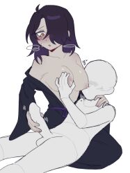 1boy 1boy1girl 1girls anon areolae balls blush breast_grab breast_sucking breastfeeding breasts cloak cookie_run dark_hair dark_purple_hair drinking drinking_milk duo exposed_breasts female genderswap genderswap_(mtf) grabbing_breasts grey_body grey_skin hair handjob human humanized lactating lactation licorice_cookie lying lying_on_back male male/female medium_hair nipples penis purple_hair rule_63 simple_background sitting sweat the_character_is_better_this_way white_background yellow_eyes