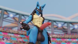 3d_(artwork) anthro balls big_balls blender_(software) blue_body blue_fur bodily_fluids canid canine cum digital_media_(artwork) erection fur genital_fluids genitals hi_res looking_at_viewer lucario male male_focus male_only male_solo mammal nintendo penis pokemon pokemon_(species) red_eyes smile solo solo_male sweat sweaty_balls sweaty_genitalia twintails3d video_games