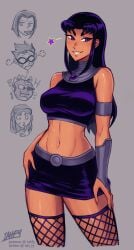 arm_bracelet black_hair blackfire clothed crop_top cyborg_(dc) dc dc_comics dick_grayson ear_piercing female fishnet_legwear fishnet_stockings fishnets iahfy komand'r koriand'r male medium_breasts miniskirt navel purple_eyes rachel_roth raven_(dc) robin_(dc) robin_(dick_grayson) skirt smile starfire straight straight_hair teen_titans victor_stone