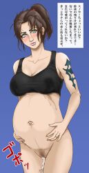 black_bra blush blushing_at_viewer bra brown_hair collarbone drg green_eyes hands_on_belly huge_belly huge_breasts japanese_text lactating lactation lactation_through_clothes leaking_milk looking_at_viewer ponytail pregnant pregnant_belly pregnant_female pubic_hair pussy pussy_juice pussy_juice_drip small_breasts text translation_request vagina