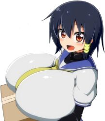 big_breasts black_hair breasts brown_eyes carrying_object gigantic_breasts happy huge_breasts komori-san_wa_kotowarenai! komori_shuri moralgear package school_uniform schoolgirl smile smiling white_background