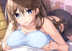 big_breasts blue_eyes boku_no_kanojo_sensei breast_squish brown_hair female_on_top fujiki_maka gym_storeroom on_top oryou teacher