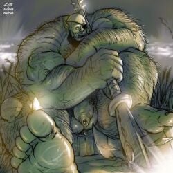 animasanimus balls bara big_balls big_penis eyepatch gay green_skin hairy male male_only muscles muscular nude orc penis precum solo solo_male spread_legs zoroj