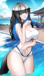 1girls arknights artist_request belly belly_button big_breasts bikini black_hair blue_eyes blue_hair blue_lips breasts busty cleavage cloud cloudy_sky collar curvaceous curves curvy dark_hair day female female_only gigantic_breasts hair_between_eyes hand_on_stomach holding_object holding_sunglasses huge_breasts kjera_(arknights) large_breasts light-skinned_female light_skin long_hair looking_at_viewer massive_breasts multicolored_hair seductive seductive_look seductive_pose seductive_smile smile solo solo_female standing standing_in_water sunglasses sunglasses_in_hand sunglasses_removed swimming_pool swimsuit swimwear tail thick thick_legs thick_thighs thighs tummy two_tone_hair voluptuous wawamachi wide_hips