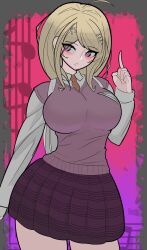 1girls 2022 ahoge akamatsu_kaede backpack blonde_hair breasts clothed clothing danganronpa danganronpa_v3 drawn eyebrows_visible_through_hair eyelashes female gray_background hair_ornament hairclip hairclips medium_hair music_note musical_note pink_background pink_tank_top purple_hair skirt solo solo_female straight_hair tie trizzz