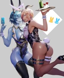 2girls arched_back armband armpits ass ass_focus back_view bangs bare_arms bare_shoulders bare_thighs blue_eyes blue_hair blue_skin bracelet breasts bunny_ears bunny_girl bunny_tail bunnysuit cleavage collar collared_shirt dark-skinned_female dark_skin ear_piercing earrings eyelashes eyeshadow female female_focus female_only frills front_view gold_(metal) hair_between_eyes heels highleg_leotard holding_object inner_thighs large_breasts lipstick looking_at_viewer looking_to_the_side multiple_girls nipple_bulge ogyazombie original playing_card scar serving_tray sharp_teeth short_hair sideboob simple_background slim_waist standing tagme tan_skin thick_thighs thigh_highs thigh_strap thighhighs thighs tie wide_hips wine