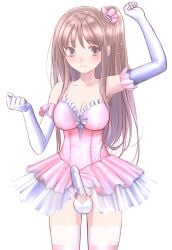 1futa arms_up balls brown_hair clothed clothing cock_sleeve_(clothes) dress elbow_gloves erection futa_only futanari gloves huge_cock human light-skinned_futanari light_skin liza_(artist) long_hair panties penis ponytail solo standing thighhighs