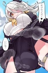 1futa ahoge bike_shorts black_shorts black_skirt blonde_hair breasts closed_mouth cock_pointing_towards_viewer covered_penis covered_testicles duplicate eyes_visible_through_hair female from_below futanari grey_hair hair_over_one_eye highres ihcaris large_breasts long_hair looking_at_viewer looking_down low-angle_view shirt shorts sirachi skirt smile solo speech_bubble steaming_body tower_of_fantasy tsubasa_(tower_of_fantasy) white_shirt yellow_eyes