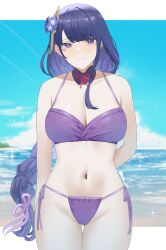 1girls beach bikini busty female female_only genshin_impact navel nvl purple_eyes purple_hair raiden_shogun solo solo_female swimsuit thick_thighs voluptuous