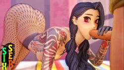 1girls ass ass_up dark_blue_hair epic_games fortnite fortnite:_battle_royale looking_at_viewer megumi_(fortnite) oral pink_eyes sixser tattoo tattoos twintails unseen_male_face