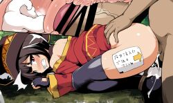 1girls blush brown_hair censor_bar censored clenched_teeth cum cum_in_pussy cum_inside female gloves grabbing_from_behind hat kono_subarashii_sekai_ni_shukufuku_wo! kotatsu_(artist) legwear megumin partial_male penetration red_eyes sex thick_thighs thighhighs thighs vaginal_penetration vaginal_sex witch_hat x-ray