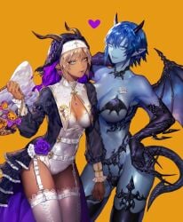 2girls bandage bare_ass bare_midriff bare_shoulders barely_visible_genitalia black_clothing blonde_hair blue_eyes blue_hair blue_skin breasts cameltoe candy choker cleavage cross dark-skinned_female dark_skin demon demon_girl dress_shirt ear_piercing earrings eyelashes eyeliner eyeshadow garter_belt garter_straps gold_(metal) gold_jewelry halloween halloween_costume heart horns large_breasts lipstick long_fingernails long_gloves long_nails long_sleeves nipple_bulge nun nun_outfit ogyazombie original pointy_ears scar short_hair succubus tagme tail thick_thighs thighhighs thighs underboob white_clothing wings yuri