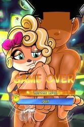 accessory activision anal anon anthro barefoot blonde_hair bodily_fluids coco_bandicoot crash_(series) cum cum_inside dark-skinned_male duo faceless_character faceless_male feet female food fruit game_over gameplay_mechanics genital_fluids genitals hair hair_accessory hairpin hi_res human male mammal nude paws penis plant pussy sex shonenboy123 video_games wumpa_fruit