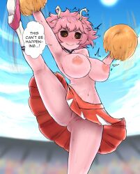 anus armpits blush bouncing_breasts breasts cheerleader cleft_of_venus english_text female high_kick highres huge_breasts iegami kicking large_breasts leg_up mina_ashido motion_lines my_hero_academia navel nervous_smile nipples no_panties pink_hair pink_skin pom_pom_(cheerleading) pussy speech_bubble spread_legs sweat third-party_edit topless trembling upskirt