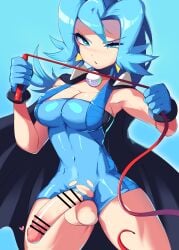 1futa balls bar_censor big_breasts big_penis blue_hair breasts censored chobonolly clair_(pokemon) clothed clothing erection futa_only futanari human light-skinned_futanari light_skin long_hair mostly_clothed penis penis_out pokemon solo standing whip