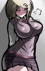 2022 akamatsu_kaede blonde_hair breasts danganronpa danganronpa_v3 eyebrows_visible_through_hair female_only gray_background hair_ornament hairclip hairclips medium_hair music_note musical_note musical_note_hair_ornament pink_eyes pink_tank_top simple_background simple_shading skirt straight_hair tie trizzz