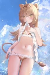 1girls animal_ears bangs belly belly_button bikini bikini_bottom bikini_top biting_clothes blush brown_hair cat_ears cat_tail catgirl female female_focus female_only indie_virtual_youtuber kananote lion_ears lion_girl lion_tail long_hair looking_at_viewer looking_down midriff navel petite petite_body print_bikini print_bra print_panties pulling pulling_clothing removing_clothing rurudo_lion solo solo_female solo_focus standing stomach tiger_print undressing virtual_youtuber yellow_eyes