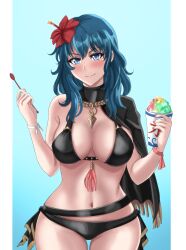 1girls absurdres alternate_costume belt bikini black_belt black_bikini black_capelet black_swimsuit blue_eyes blue_hair breasts byleth_(fire_emblem) byleth_(fire_emblem)_(female) byleth_(summer)_(fire_emblem)_(female) capelet cowboy_shot cup drie female female_only fire_emblem fire_emblem:_three_houses fire_emblem_heroes flower hair_flower hair_ornament hibiscus highres holding holding_cup holding_spoon large_breasts medium_hair navel nintendo official_alternate_costume red_flower shaved_ice solo spoon standing swimsuit teal_hair