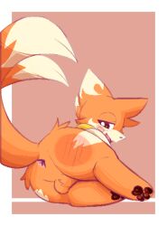 2022 2_tails anonymous_artist anthro anus ass backsack balls big_butt buizel crumb_(buizel) digital_drawing_(artwork) digital_media_(artwork) facial_markings fur fur_markings genitals hair head_markings low_res lowres male mammal markings multi_tail multicolored_body multicolored_fur nintendo nude orange_body orange_fur paws pokémon_(species) pokemon portrait shaded simple_background smile solo tail_markings video_games