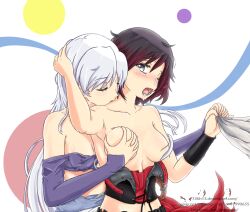 covered_nipples female groping ruby_rose rwby weiss_schnee
