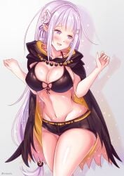 ayannon_yumme big_ass big_breasts bikini_top emilia_(re:zero) hair_ornament half-elf half_elf hotpants long_hair midriff purple_eyes re:zero_kara_hajimeru_isekai_seikatsu shaula_(re:zero)_(cosplay) shy squished thick_thighs thin_waist tiny_waist v-line white_hair wide_hips