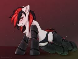 absurd_res blackjack_(fallout_equestria) blush clothing cybernetics cyborg equid equine fallout_equestria female genitals gradient_background hi_res horn horse machine mammal my_little_pony panties pony pussy simple_background snowstormbat underwear unicorn