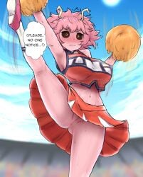 anus blush bouncing_breasts breasts cheerleader cleft_of_venus closed_mouth embarrassed english_text female high_kick highres iegami kicking large_breasts leg_up mina_ashido motion_lines my_hero_academia navel no_bra no_panties pink_hair pink_skin pom_pom_(cheerleading) pussy speech_bubble spread_legs sweat third-party_edit trembling upskirt