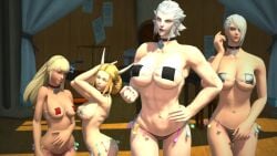 3d 4girls abs big_breasts bikini blonde_hair blue_eyes collar condom_belt eyepatch_bikini female female_focus female_only final_fantasy final_fantasy_xiv garlean gpose(ffxiv) hair_over_one_eye hyur implied_after_sex inviting_to_sex kan-e-senna looking_at_viewer lucia_junius lyse_hext merlwyb_bloefhiswyn padjal ponytail roegadyn short_hair white_eyes white_hair