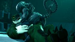 3d_(artwork) adam0800 alien alien_(franchise) anthro ass balls big_breasts big_butt black_body breasts claws clothing cowgirl_position detailed_background digital_media_(artwork) dinosaur duo erection excella eyeless fangs female female_penetrated from_front_position genitals green_body green_eyes hi_res humanoid humanoid_on_anthro interspecies legwear looking_pleasured male male/female male_penetrating male_penetrating_female muscular muscular_male nude on_bottom on_top open_mouth open_smile penetration penile penile_penetration penis penis_in_pussy pussy reptile scalie sex smile stockings teeth teratophilia thekidxeno theropod thick_thighs typhek tyrannosaurid tyrannosaurus tyrannosaurus_rex vaginal_penetration white_body xenomorph