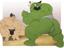 ass bara beard bulge facial_hair gay green_skin hairy human male male_only muscles muscular orc spread_legs squatting strongfat sumo zoroj