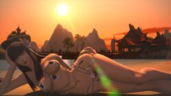 1girls 3d beach bikini black_hair breasts female_focus female_only final_fantasy final_fantasy_xiv gpose(ffxiv) green_eyes hime_cut hyur laying_on_side lipstick long_hair looking_at_viewer midlander mole_under_mouth pubic_hair string_bikini sunset yotsuyu_(final_fantasy_xiv)